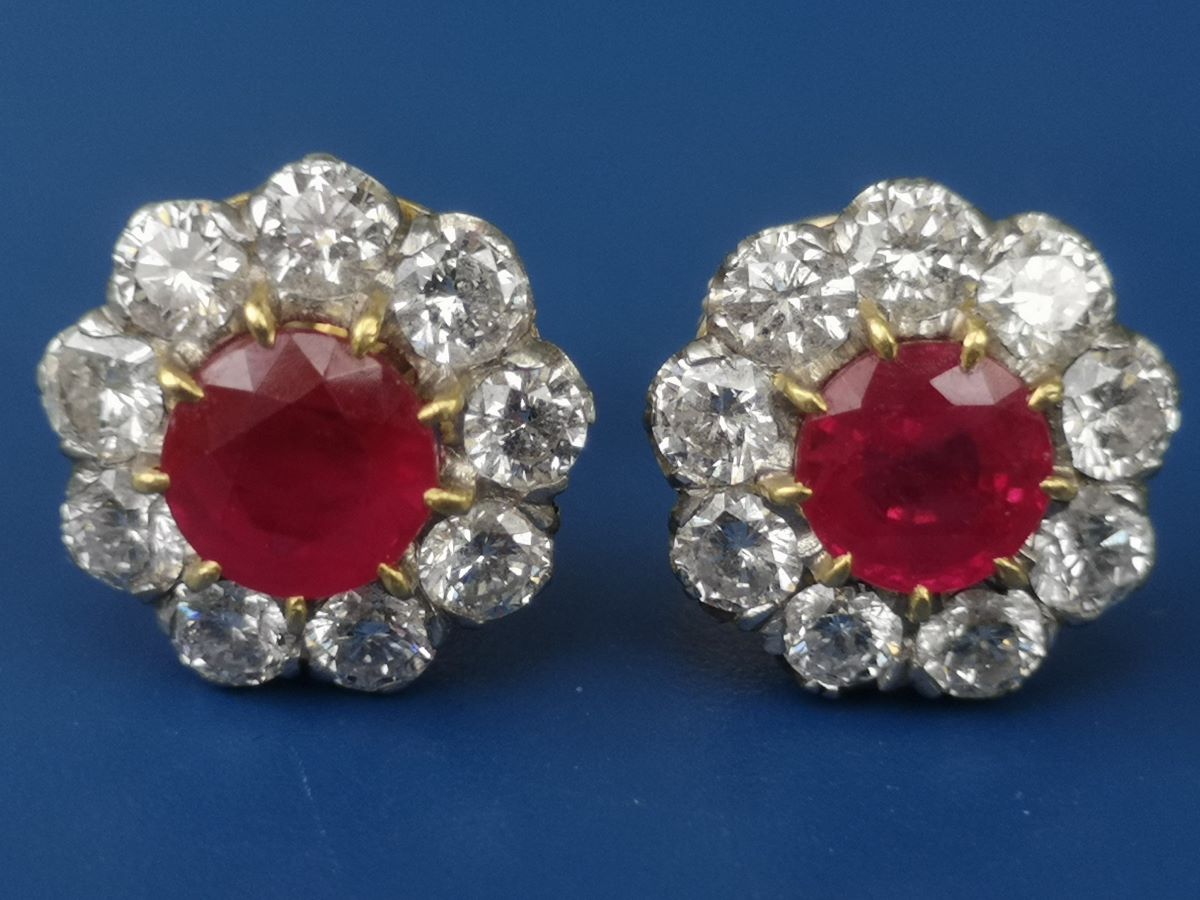 Burmese ruby and diamond cluster earrings